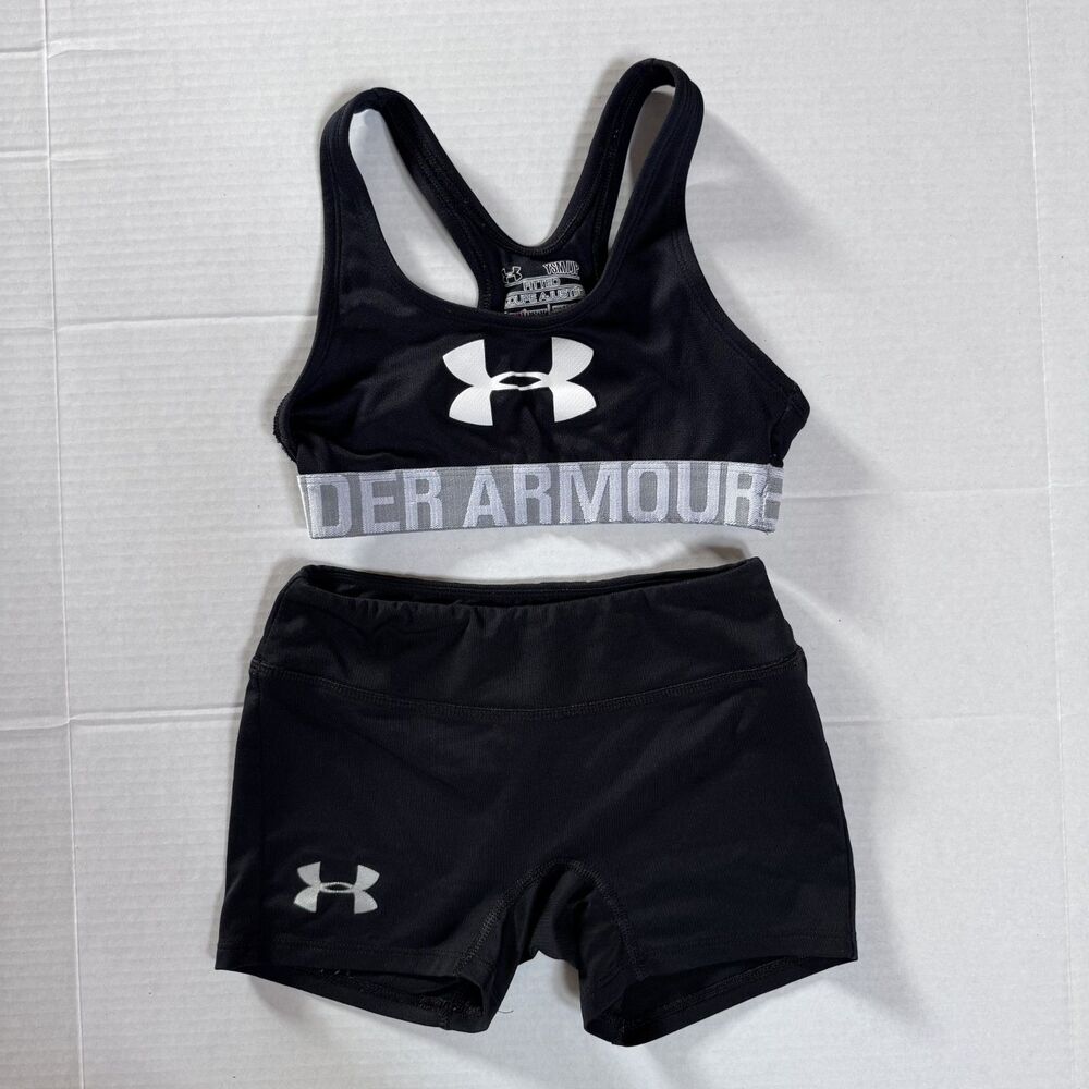under armour girl size small outfit sports bra + shorts spandex black youth